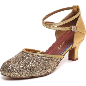Character Shoes for Women, Woman Ballroom Dance Shoes, 1920s Flapper Shoes, Latin, Salsa, Party Dress Shoes Low Heels, Ankle Strap Pumps (7.5, Golden)