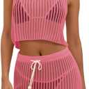 Fisoew Womens 2 Piece Crochet Sets Sleeveless Crop Tops Cover Up Beach Mini Skirt Outfits Vacation Sets, S