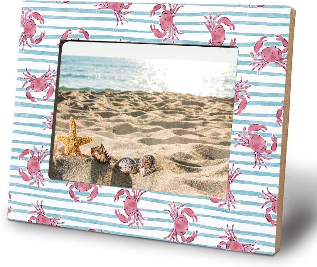 WHCHJ Red Crab Beach 5x7 Picture Frame, Gifts for Beach Lovers, Crab Gifts Photo Frame, Blue and White Striped Nautical Ocean Wood Frames for Wall or Tabletop Display