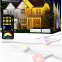 Gefolly Permanent Outdoor Lights Pro, 100ft with 60 RGBW Double-LED Lights 111 Scene Modes for Daily, Halloween, Christmas, IP67 Waterproof for Outdoor Decor, Works with Alexa, Google Assistant, White