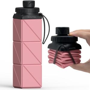 Collapsible Water Bottles, Silicone Foldable Water Bottle 610ml, BPA-Free Portable Reusable Leakproof Bottle for Gym Travel Camping Hiking Sports Outdoor, 1 Pack (Pink)