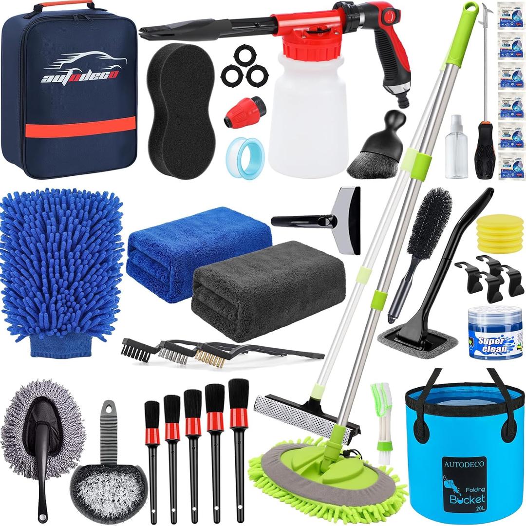 AUTODECO 42Pcs Car Wash Detailing Kit Cleaning Set with Foam Sprayer, Long-Handle Brush, Collapsible , Large Wash Mitt, Towels, Complete Interior & Exterior Car Washing Supply Set (Blue)