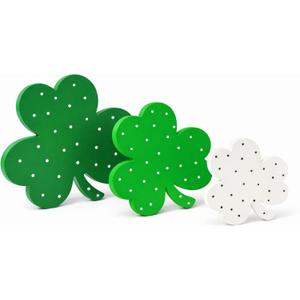 4E's Novelty 3 Pack St Patricks Day Wooden Shamrocks Decor - Freestanding Green Wooden Shamrocks for Tiered Tray, Saint Pattys Day Table Decorations Centerpieces, Desk Home Decor