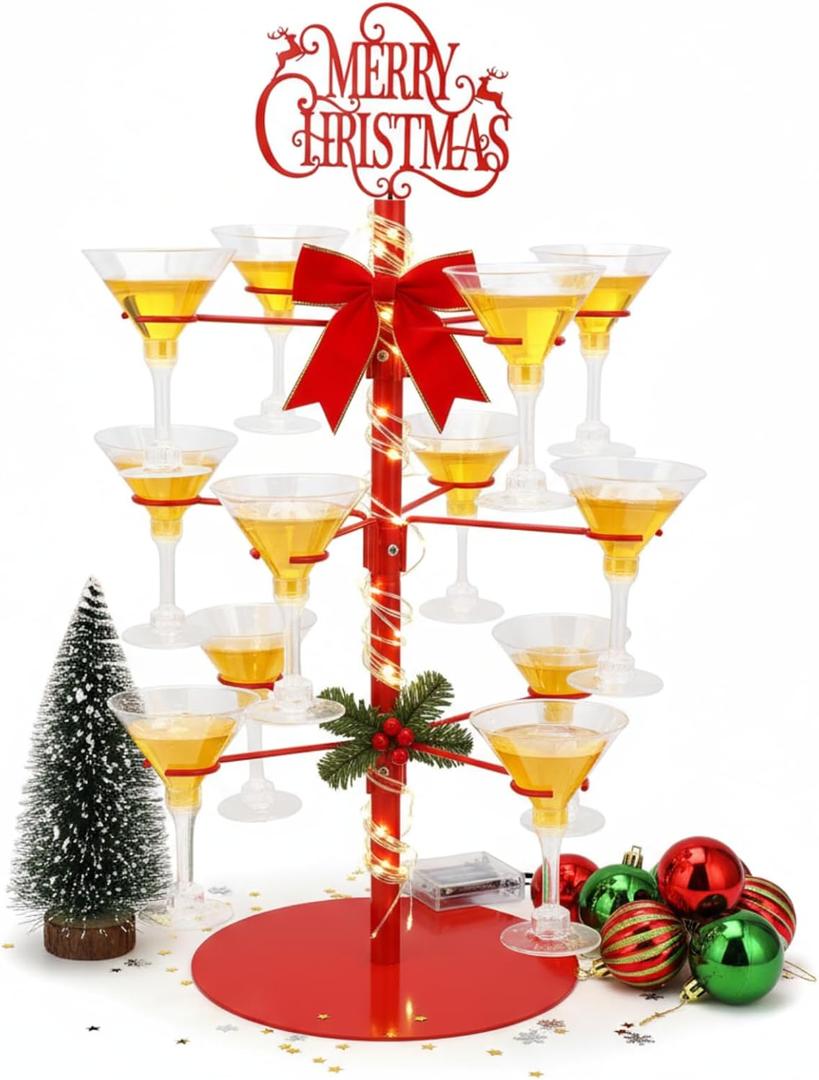 Christmas Cocktail Tree Stand Merry Christmas Tree Drink Holder 3 Tier 12 Holders for Champagne, Martini and Margarita Cups Holder for Xmas Winter Birthday Weddings Bridal Shower Parties
