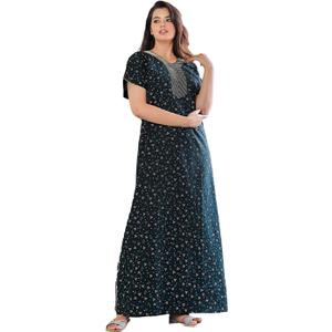 Mik & Misha Women's Cotton Printed Nighty/Night Gown Maxi Free Size (Dark Green)