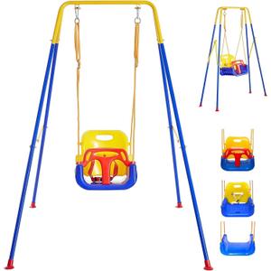 New Toddler Swing Set with Frame Indoor & Outdoor Baby Swing with Foldable Metal Stand Kids Swing Set for Backyard, Easy to Assemble & Store, Blue