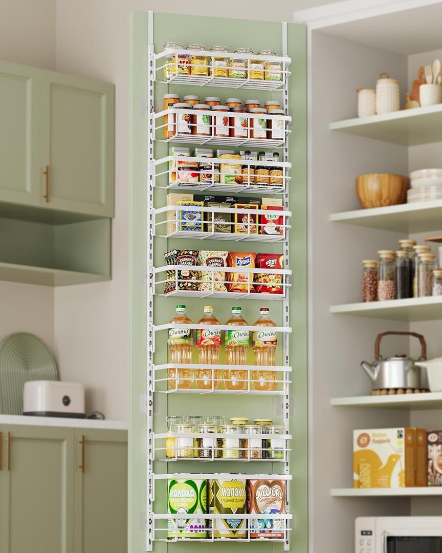 8-Tier Adjustable Over the Door Pantry Organizer with 2 Sets Hooks Fits Most Doors, Hanging Spice Rack for Pantry Door Organizer And Storage, White