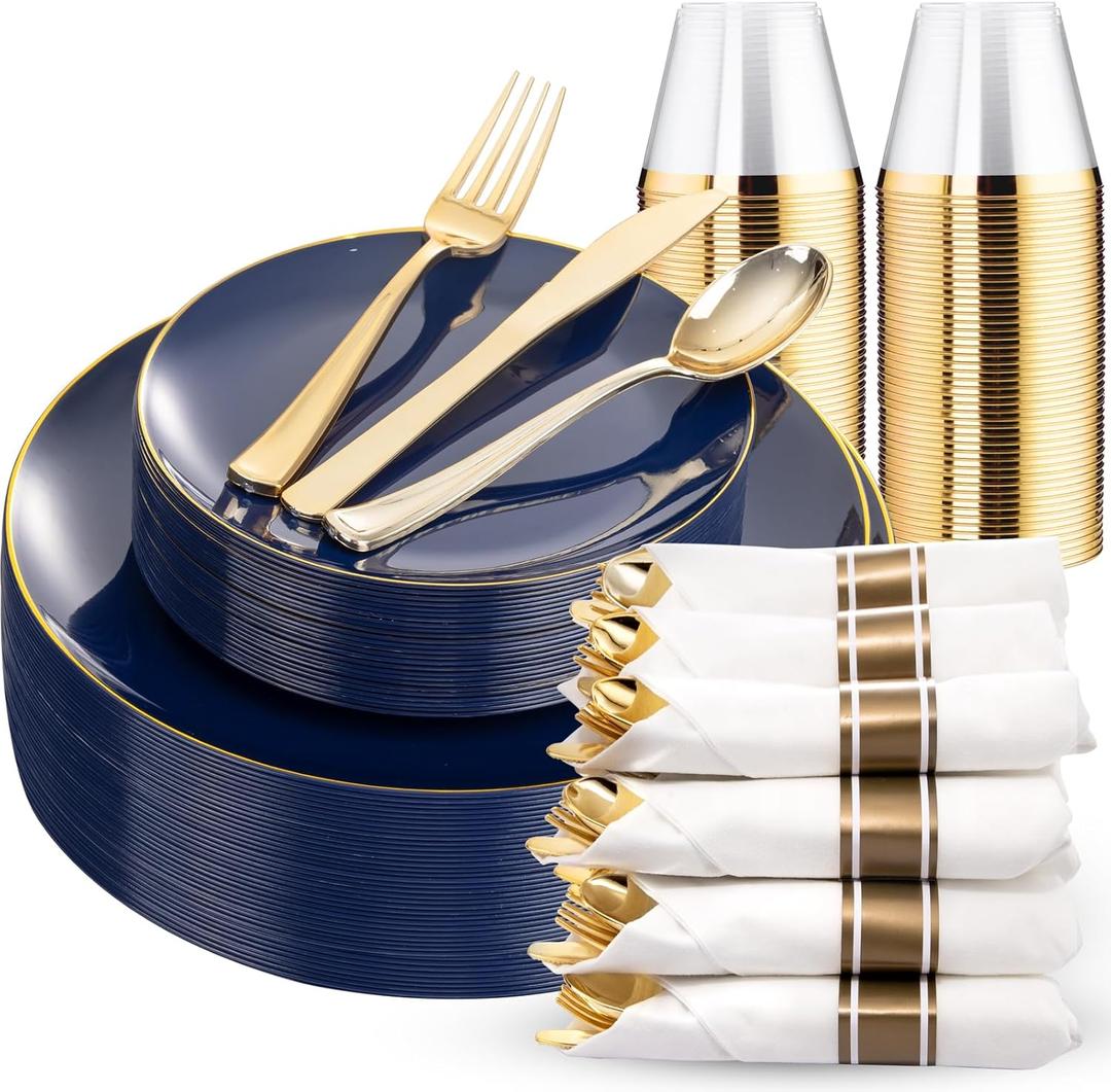 KIRE 175Pcs Blue Plastic Plates - Navy Blue Plates Disposable - 25 for Dinner 25 for Dessert 25 Pre Rolled Napkins with Gold Plastic Silverware and 25 Cups for Birthday Party/Wedding