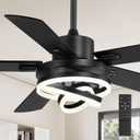 52" Farmhouse Ceiling Fans with Lights,Black Chandelier Fan with 6-Speed Dimmable LED and Reversible DC Motor,Rustic Fandelier Ceiling Fan with 5 Dual Finish Blades for Bedroom Living Room