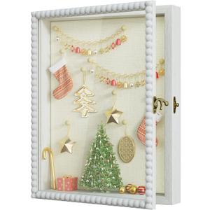 Love-KANKEI Shadow Box Frame 11x14, Deep Large Shadow Box Display Case with Unique Beads Door and Glass Window, Wood Memory Box for Pictures,Medals,Memorabilia,Collections White
