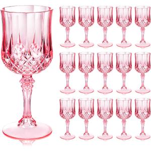 Ciaell 24PCS Pink Plastic Wine Glasses - 7 Oz Plastic Goblets for Party - Pink Vintage Drinking Glasses - Disposable Water Goblets Set for Wedding, Bar, Wine, Beer, Juice, Cocktail, Whiskey