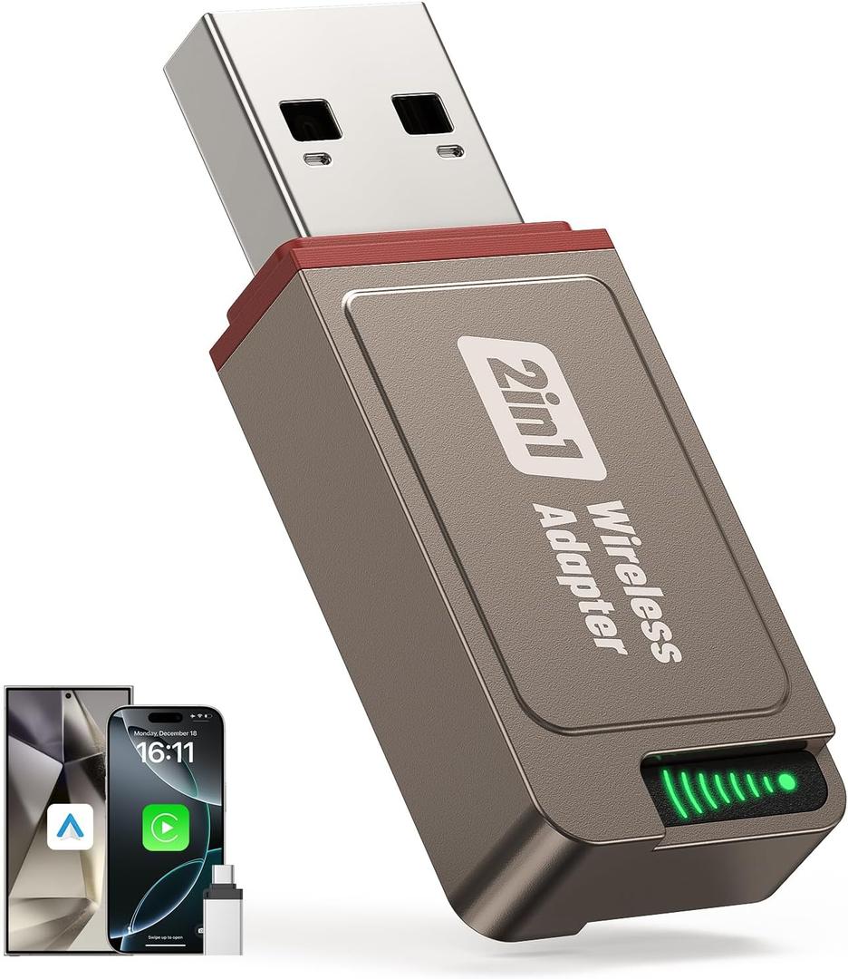 2026 Wireless CarPlay Adapter Support Apple CarPlay & Android Auto, 2-in-1 USB A & USB C Mini Bluetooth Dongle Convert Wired to Wireless Compatible with iPhone & Android
