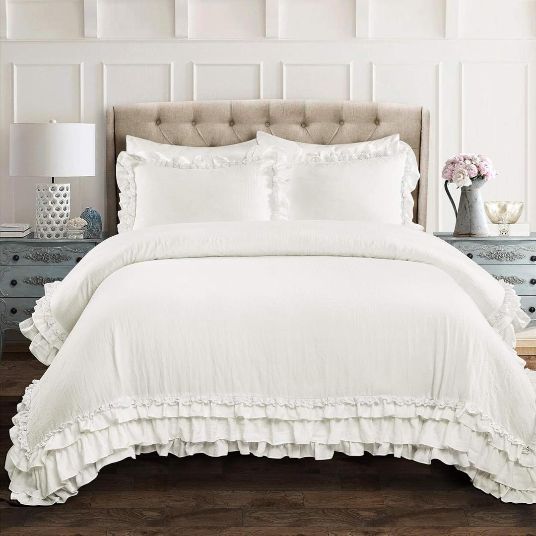 Lush Decor Ella Shabby-Chic Ruffle Lace 3-Piece King Comforter Set (White)