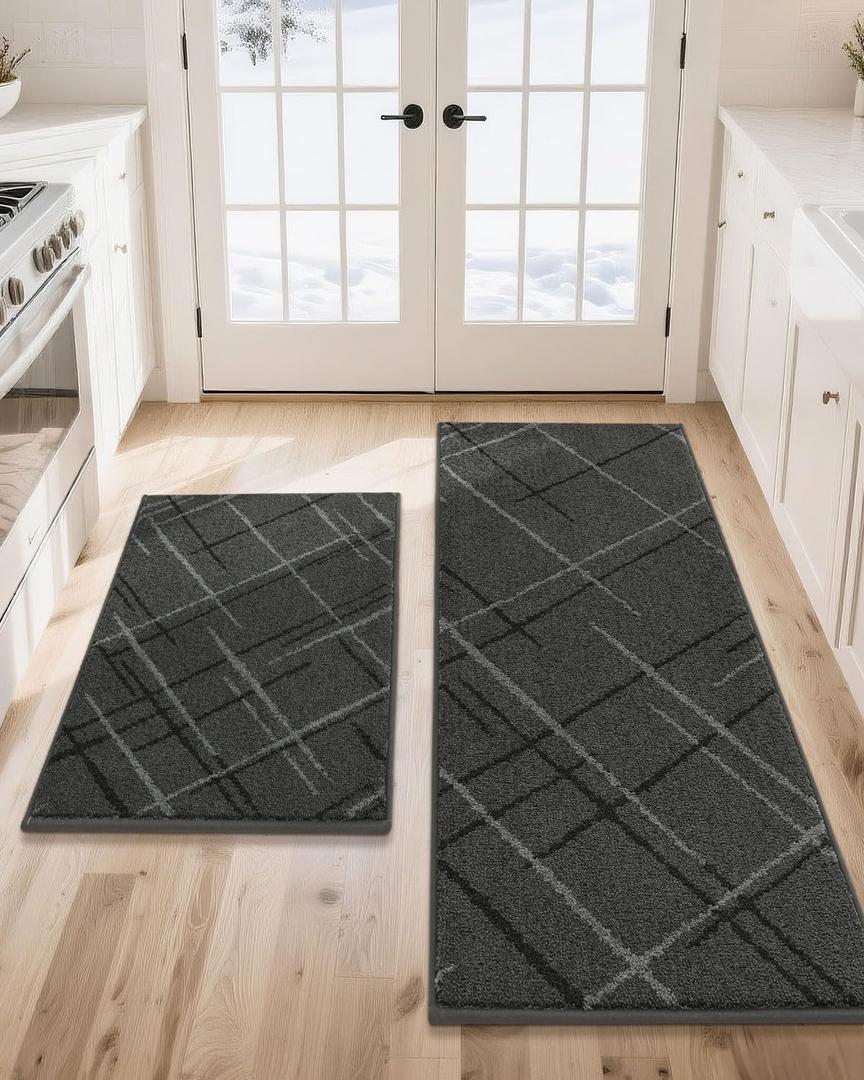 COSY HOMEER Kitchen Mats, 2 PCS Kitchen Rug Non Slip Washable, Absorbent Runner Rugs for Kitchen Floor, Polyester Kitchen Sink Rug 24"x36" + 24"x60"(Grey)