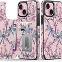 FUNMIKO for iPhone 14 Wallet Case with Card Holder + Cash Clip, RFID-Blocking, Military-Grade Drop Protection & UV-Printed Artwork, Magnetic Closure with Leather Kickstand - Blue Dragonflies