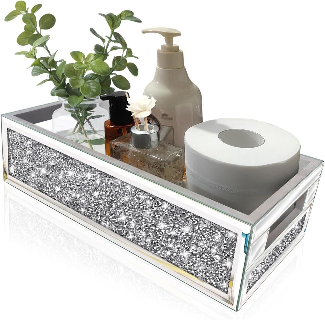 Wocred Bathroom Basket Toilet Tank,Crushed Diamond Mirrored Bathroom Tray Wall-Mounted,Silver Storage Organizer fits Dresser Bedroom,Bathroom,Coffee Table (15x7x3.8)