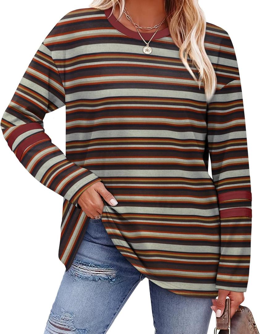 Sampeel Long Sleeve Shirts for Women Color Block Casual Tops Fall Outfits 2025 Basic Tees Trendy Clothes (Medium, 05 Stripes Print)