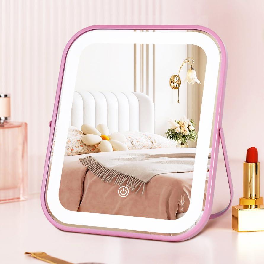 Pink Rechargeable Vanity Mirror with Lights, LED Makeup Mirror, 10"8" Lighted Makeup Mirror with Lights, Smart Touch Control Dimmable 3 Modes Light, Lighted Up Mirror for Makeup Desk, Bedroom