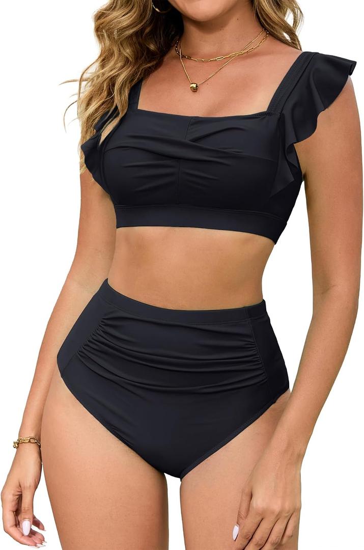 Arolina Womens High Waisted Bikini Sets Full Coverage Ruffle Swimsuits Two Piece Tummy Control Cheeky Bathing Suit (Black, L)