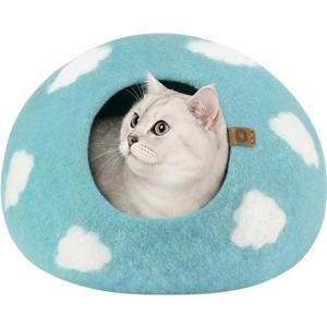 MEOWFIA Cat Cave Premium Felt Cat Bed for Indoor Cats, Handmade Merino Wool (Cloud Nap Blue, Large)