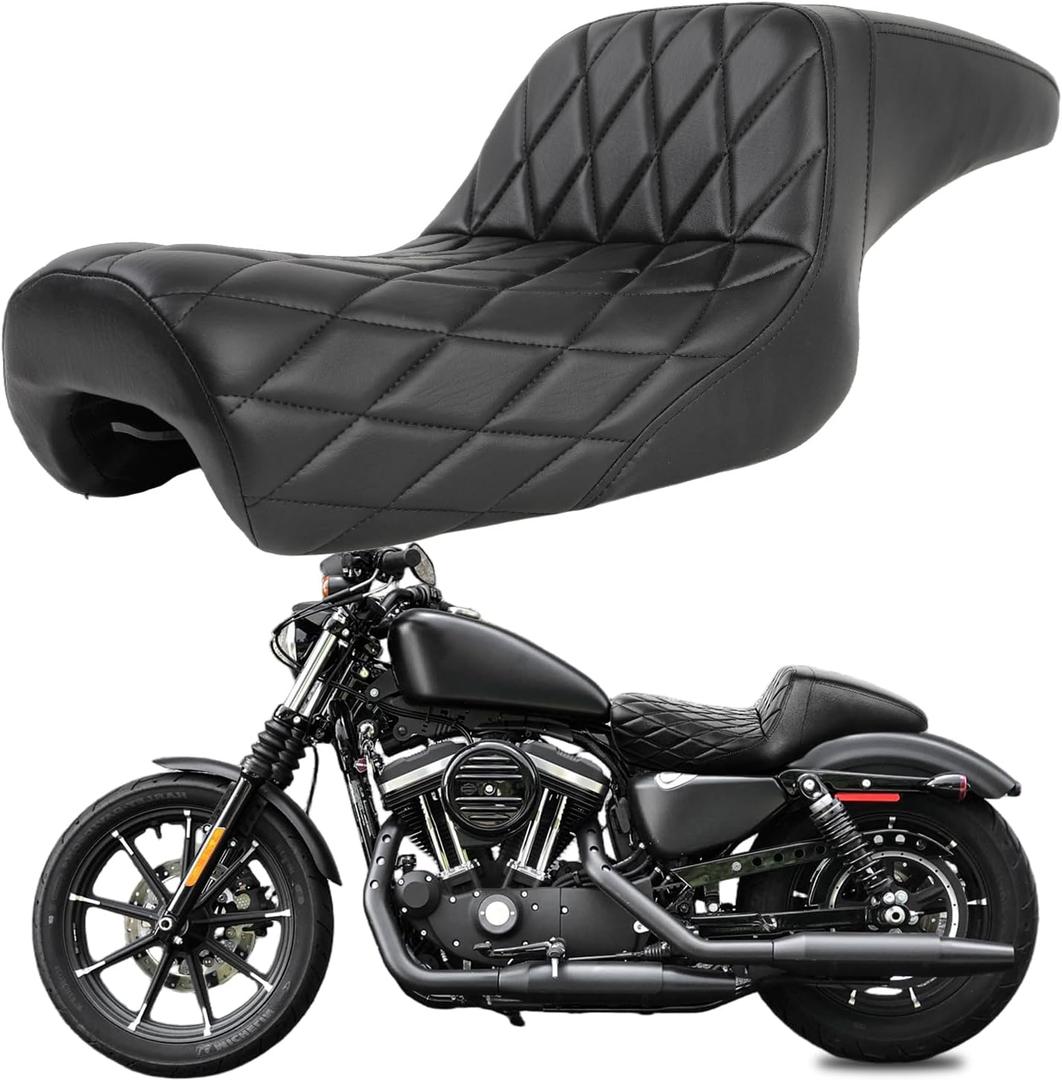 Sportster Seat,Black Two-up Seat Stepped Type Driver Passenger Seat Compatible with Harley Iron XL883 XL1200 (2004-2006)&(2010-2022) Suitable for 2.3-3.3 GAL (Black Half Diamond)