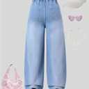 WDIRARA Girl's Cute Bow High Elastic Waisted Denim Pants Basic Baggy Wide Leg Jeans
