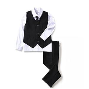 YuanLu 4 Piece Boys' Formal Suit Set with Black Vest Pants White Dress Shirt and Tie, Size 2T
