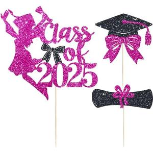 3 Pcs Coquette Bow 2025 Graduation Cake Topper Rose Glitter Class of 2025 Cake Topper Congrats Grad Cake Decor for Girls 2025 Senior High School Graduation Party Cake Supplies Decorations, 2 Pack
