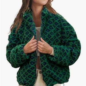 Womens Checkered Sherpa Jacket Cropped Long Sleeve Plaid Fleece Coats Casual Zip Up Gingham Outwear with Pockets (XS)