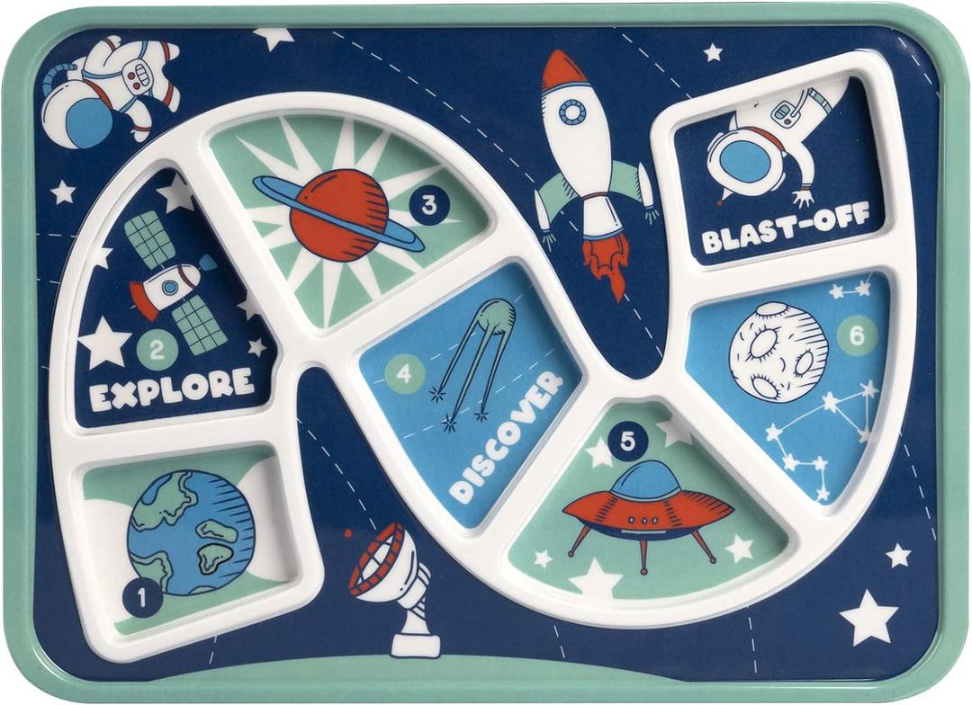 GSM Brands Kids Dinner Plate for Picky Eating Toddlers: Healthy Constructive Fun Meal Time, Divided Portions, Space Themed