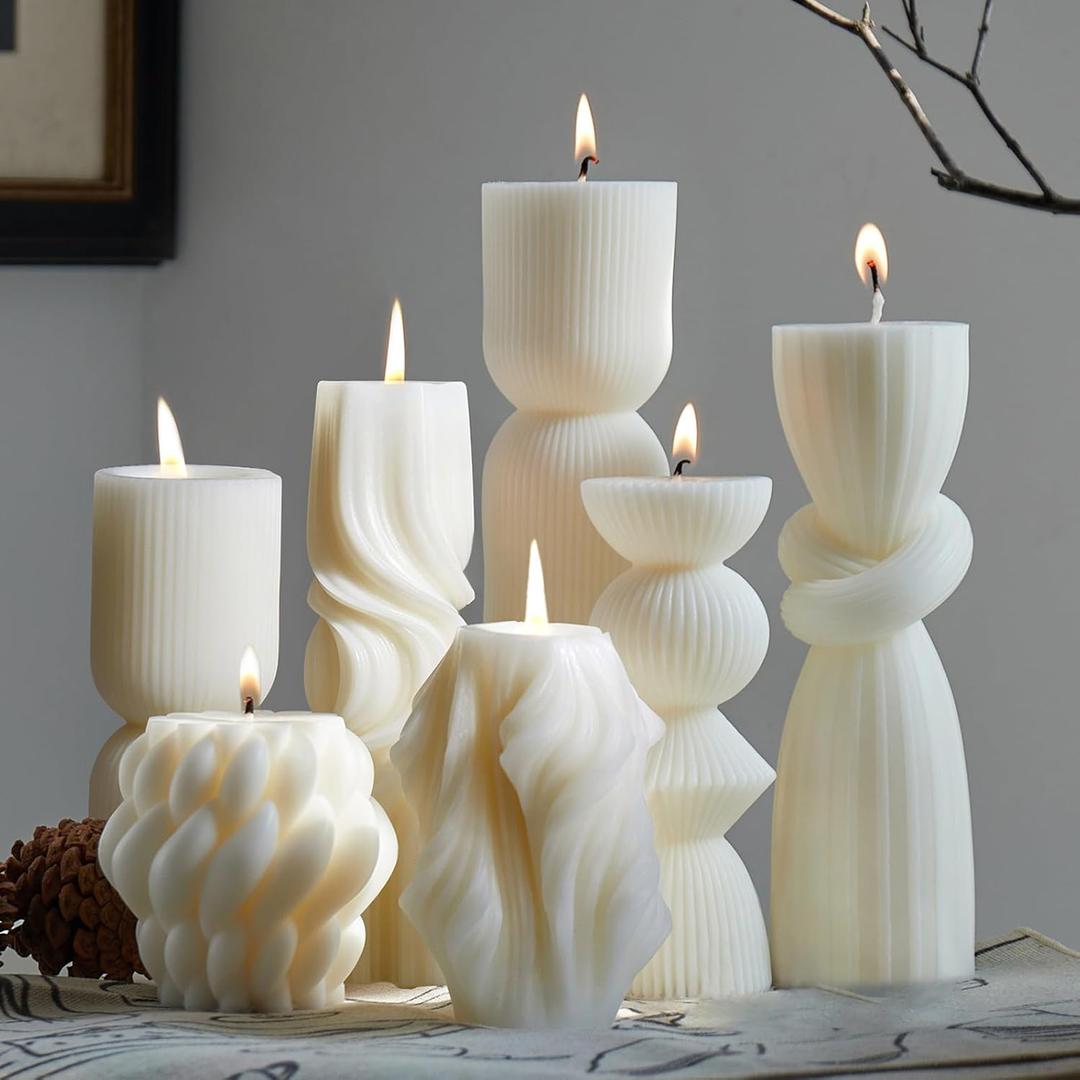 7-Pack Pillar Candles - Soy Wax Handmade Ribbed Candles for Home Decor, Housewarming Gift, Shelf & Table Decor - Aesthetic Modern Candles Set (White)