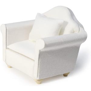 Dollhouse Couch with Pillow 1 12 Scale Miniature Sofa Arm Chair Living Room Furniture Wooden Fabric Frame Single Reading Chair Artificial House Room Scene Decoration (White)
