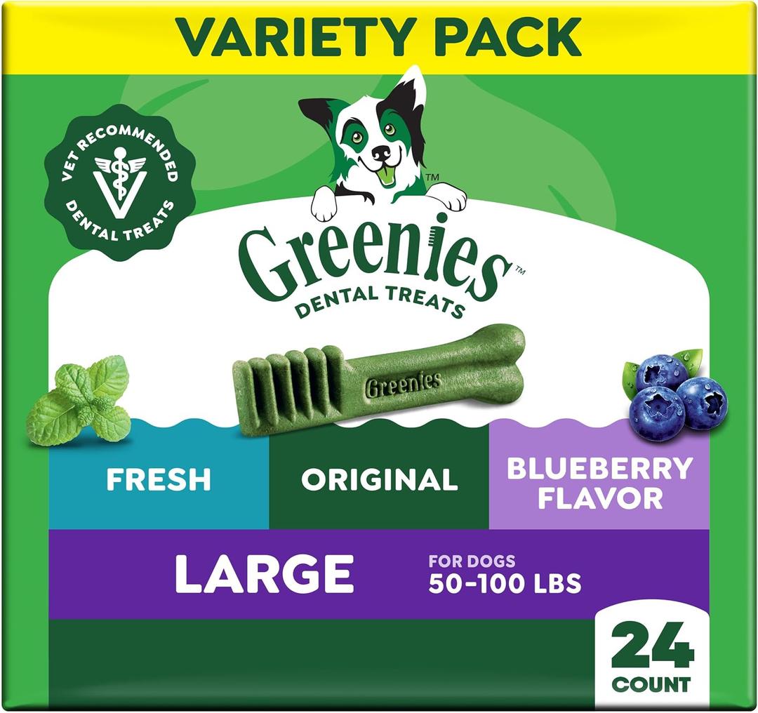 Greenies Dog Treats, Veterinarian-Recommended Natural Dental Dog Treats, Large Size, Variety Pack Flavor, (3) 12 oz. Packs, 24 Count (EXP 09/30/27)