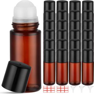 Sumind 24 Pcs Essential Oil Roller Bottles Glass Deodorant Bottle Roller Ball Container Empty Refillable Rollerball Bottle with Plastic Balls, Funnel and Sticker (Plastic,Tea)