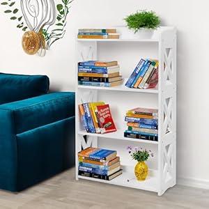 Black Bookcase by Natural Wood, 4 Tier Bookshelf, Small Book Shelves Freestanding Display Storage Shelves. Open Bookshelf for Bedroom, Living Room and Office (White, 4 Tier)