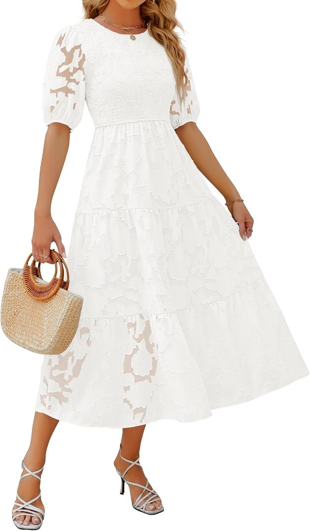 ZESICA Women's 2025 Summer Short Puff Sleeve Crewneck Smocked Floral Lace Flowy A Line Tiered Maxi Dresses (Small, White)