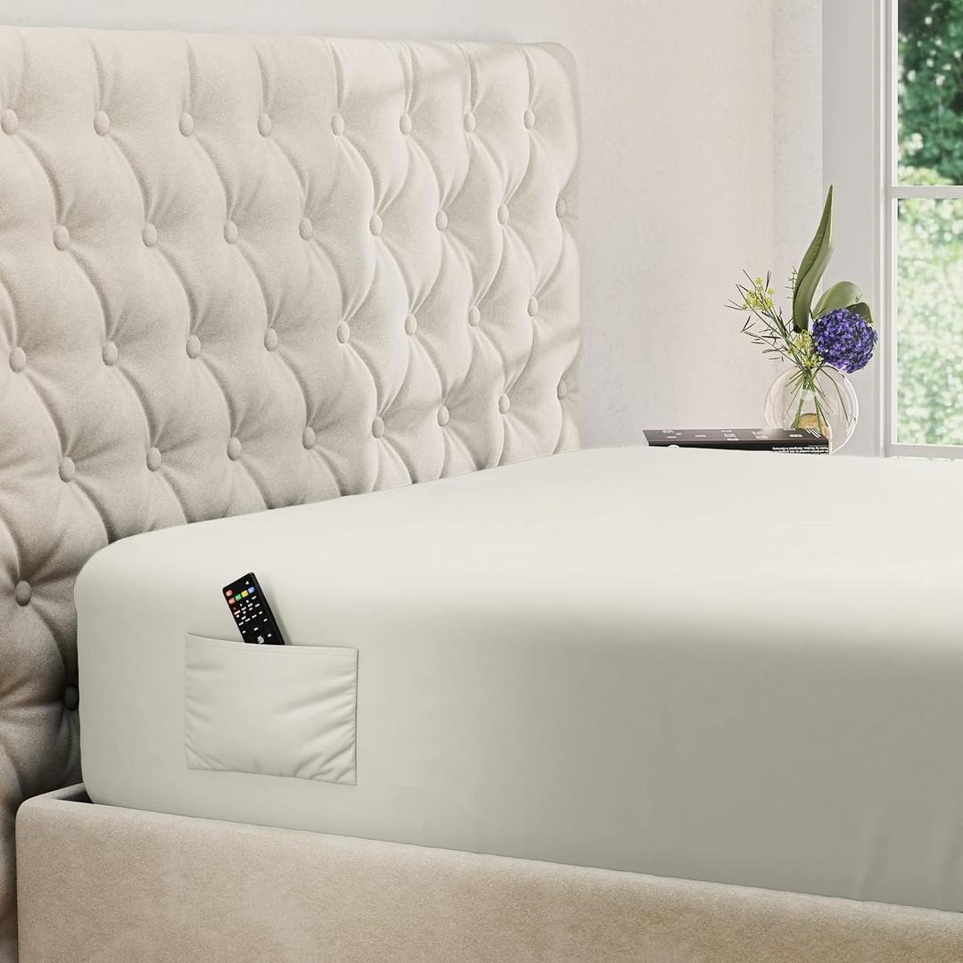 DREAMCARE Twin XL Fitted Sheet - Extra Deep Pocket Fitted Sheet - Fits up to 21 inch Mattress - Deep Pocket Twin XL Sheets - Hotel Luxury - Oeko-Tex Certified Sheets - 1 Fitted Sheet Only (Ivory)