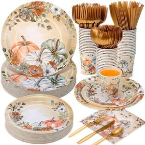 Ziliny 350 Pcs Thanksgiving Fall Party Supplies Dinnerware Set Disposable Plates Napkins Paper Cups Plastic Cutlery for Autumn Thanksgiving Harvest Party Decor Serves 50 (Pumpkin Floral)