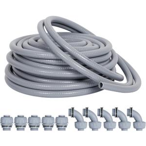 Liquid-Tight Conduit and Connector Kit 1/2inch 25ft, Flexible Non Metallic Liquid Tight Electrical Conduit w/UL Certification, Electrical Conduit Kit with 5 Straight, 5 Angle Fittings