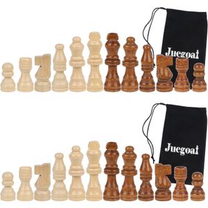 Juegoal 2 Pack Wooden Chess Pieces Only, 32 Pieces Each Wood Chessmen Pieces, 2.4 Inch King Figures Chess Game Pawns Figurine Pieces, Replacement of Missing Piece, Includes Storage Bag
