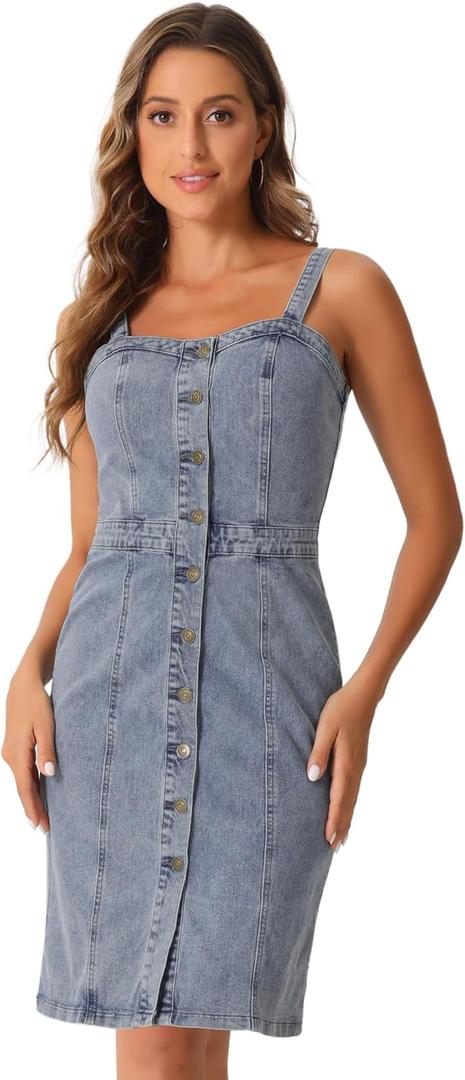 Allegra K Button Down Denim Dress for Women's Summer 2025 Sleeveless Sweetheart Neck Jeans Dresses (Large, Grey Blue)