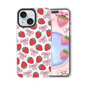 GUESNUY Aesthetic Phone Case Compatible with iPhone 13&14, Cute Case Compatible with MagSafe, Soft Clear TPU Anti-Slip Bumper Protective Cover Strawberry Bow Pattern for Women Girly