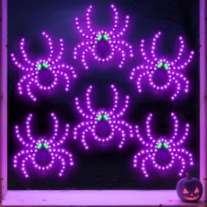 6 Pack 9" Halloween Classics Twinkling LED Spiders, Hi-Vibrant Aluminum Frame Spiders Window Silhouette Lights, 468 Purple and 24 Green LED Lights, Holiday Indoor Outdoor Decoration
