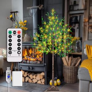5FT Lighted Olive Tree with 300pcs Lights, Prelit Olive Tree with 8 Flashing Modes and Timer, Came with 500pcs Artificial Olive Leaves and 40 Artificial Olive, LED Olive Tree for Easter Spring Decor.