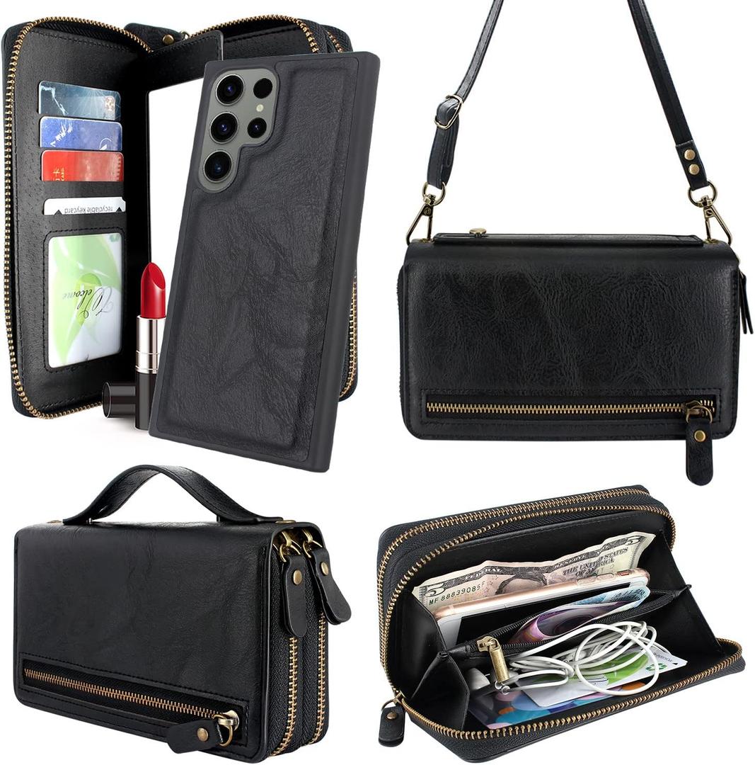 Harryshell Compatible with Samsung Galaxy S23 Ultra 5G (2023) Case Wallet Multi Zipper Detachable Magnetic Cover Purse Bag with Card Slots Holder Mirror Crossbody Wrist Strap (Black)