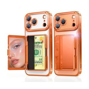 Meifigno Designed for iPhone 17 Pro Max Case Wallet (3-4 Cards & Cash), Built-in Mirror & Kickstand, Surround Raised Lens Protection, for 17 Pro Max Case with Card Holder for Women (6.9"), Orange