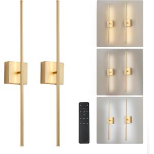 Removable Battery Operated Wall Sconces with Remote Control, Stepless Colors 3000K-6000K & Dimming, 350Rotate, LED Gold Wireless Wall Light for Living Room, Bedroom, 40.1 Inch (2 Pack)