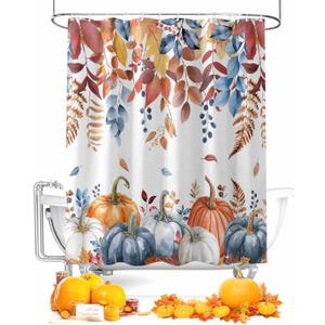 Fall Thanksgiving Shower Curtain Watercolor Autumn Pumpkins Eucalyptus Leaves Waterproof Shower Curtain with Hooks Blue Orange Shower Curtains for Bathroom, Hotel, Stalls, Bathtubs, 72x72 Inch