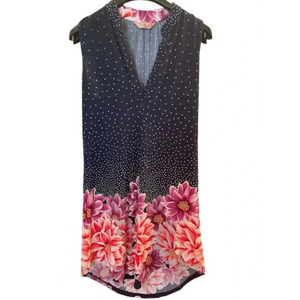 SJS Sleeveless Navy Dress with Pink/Violet Flowers size Large