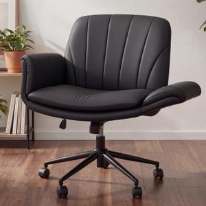 Dowinx Criss Cross Chair with Five-Level Adjustable Arms and Wheels - Comfortable Ergonomic PU Leather Swivel Vanity Chair - Computer Makeup Gaming Chair for Home Office, Bedroom, Living Room (Black)